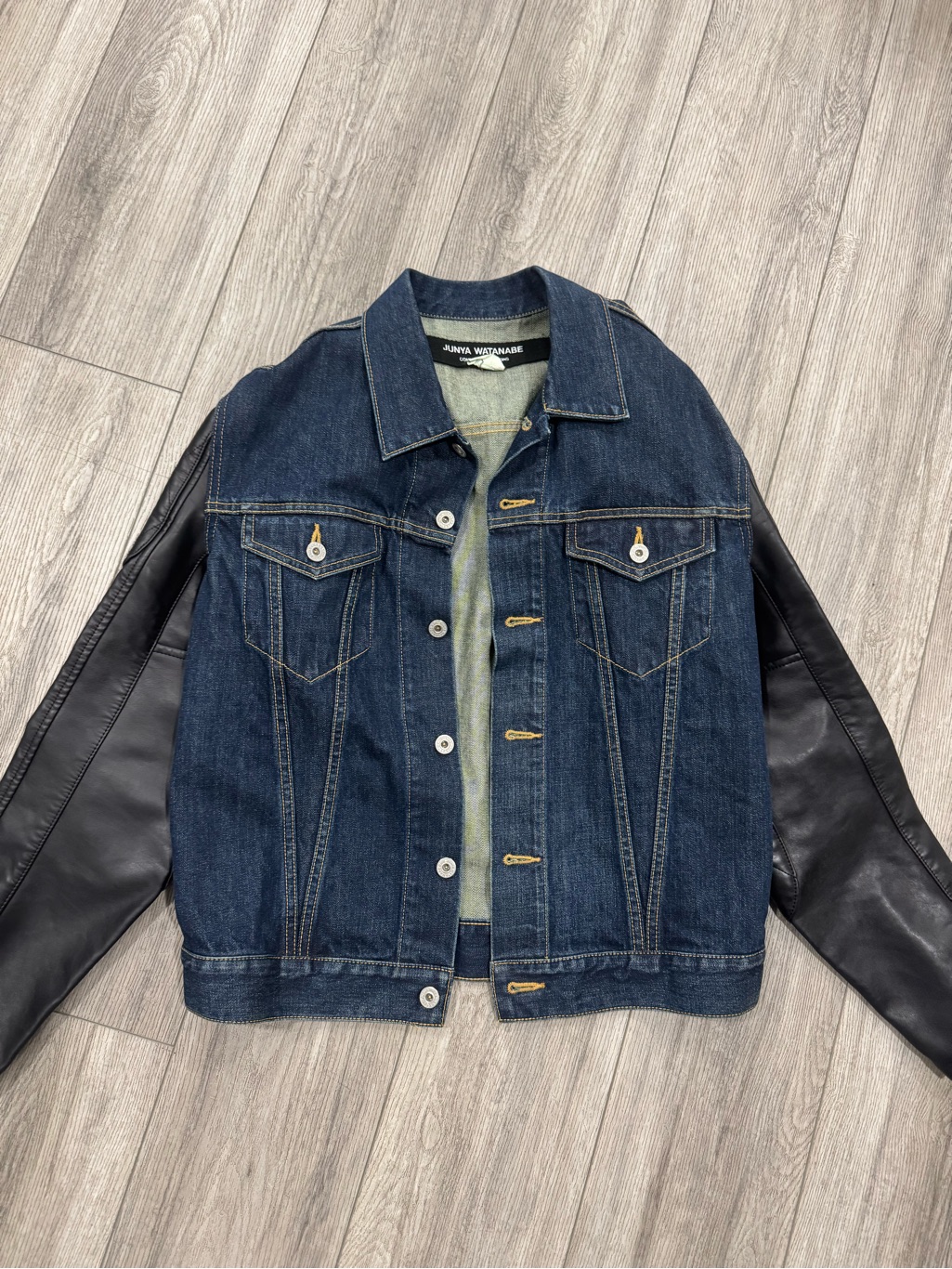 Junya Watanabe Two-Tone Denim Jacket With Black Leather Sleeves
